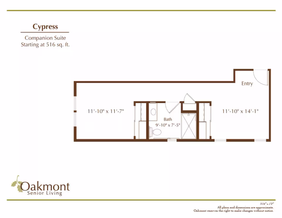 Floor plan titled 'Cypress' for a companion suite showing an entry, bathroom, two rooms and dimensions.