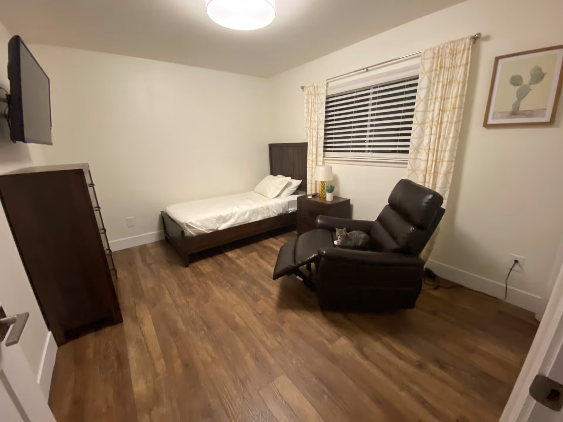 A small bedroom with wooden flooring, a single bed with white bedding against the far wall, a dark wooden dresser on the left, a dark recliner chair with a gray cat sitting on it near the window, a nightstand with a lamp and a small plant, and a framed picture on the wall.