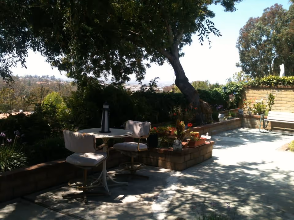 Outdoor patio area with a round table and three cushioned chairs under a large tree. There are potted plants on a raised brick planter and a bench along a brick wall. The background shows greenery and distant hills under a clear sky.