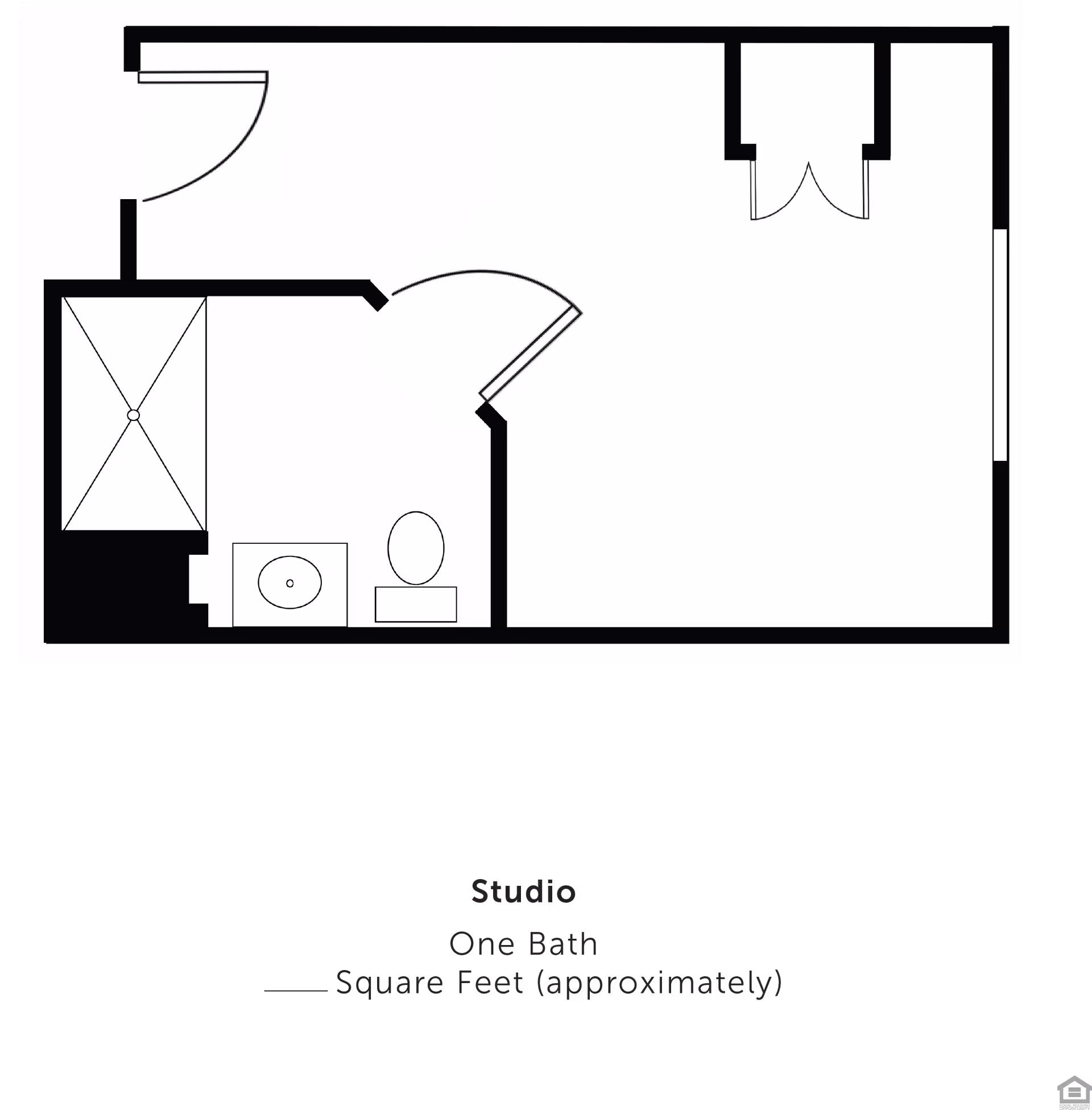 Floor plan of a studio apartment with one bathroom, showing the layout including a shower, sink, and toilet in the bathroom area, and an open main living space with entry doors.