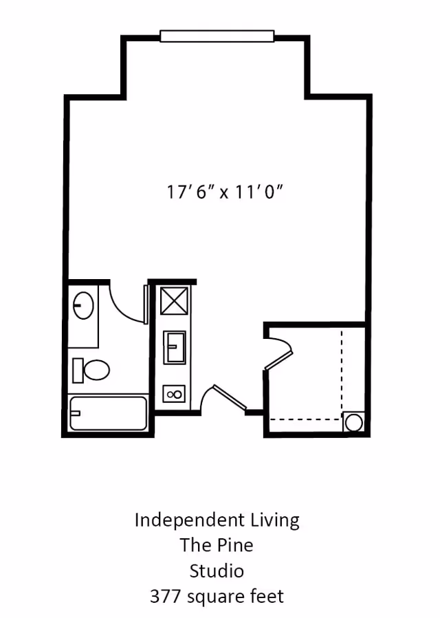 Floor plan of a studio apartment named The Pine for independent living, showing a main living area measuring 17 feet 6 inches by 11 feet, a bathroom with a bathtub, toilet, and sink, a small kitchen area with a sink and stove, and a closet space. The total area is 377 square feet.