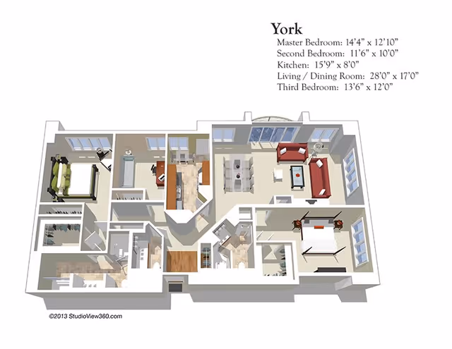 3D floor plan of an apartment named York showing a master bedroom, second bedroom, third bedroom, kitchen, living and dining room with furniture placement and room dimensions.