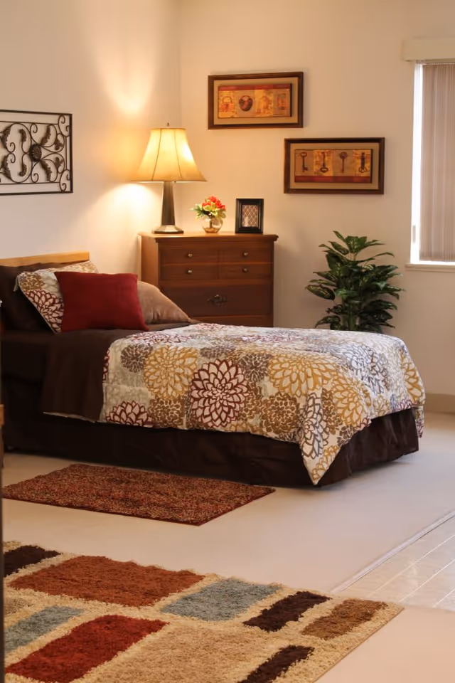 A cozy bedroom with a single bed covered in a floral patterned comforter and multiple pillows. Next to the bed is a wooden dresser with a lit table lamp, a small plant, and a framed picture. The walls have two framed artworks, and there is a green potted plant near a window with vertical blinds. The floor has two rugs with geometric patterns.