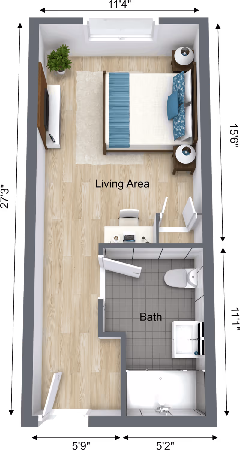 Top-down floor plan of a small living area and bathroom. The living area includes a bed with two nightstands, a desk with a chair, a TV on a stand, and a potted plant. The bathroom has a toilet, sink, and shower. Dimensions of the rooms are marked around the edges.