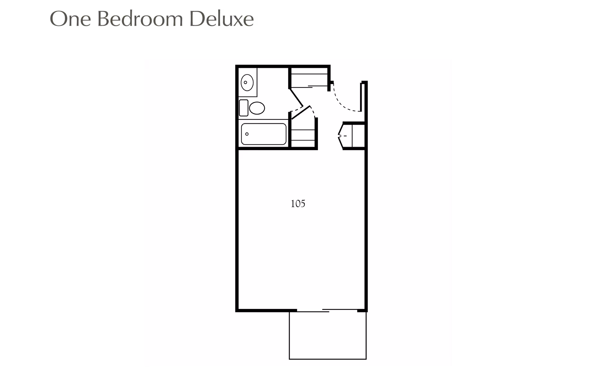Floor plan layout of a one bedroom deluxe apartment unit labeled 105, showing a bathroom with a bathtub, toilet, and sink, a closet, and an open living/sleeping area with an entry door and a balcony or patio.
