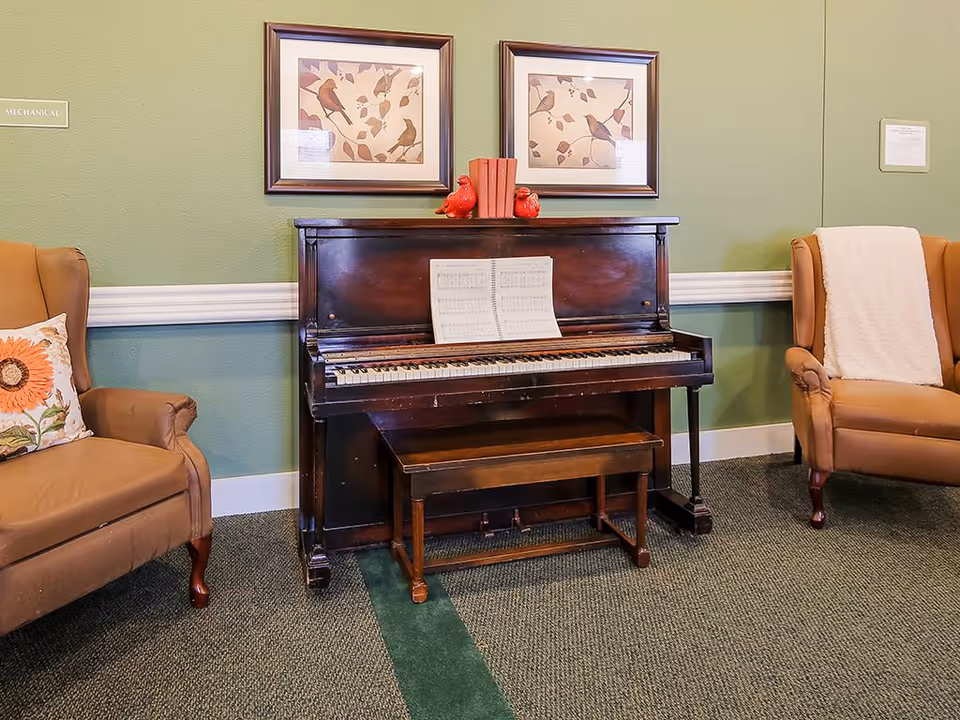 Upright piano with sheet music between two armchairs in a cozy sitting area with framed bird prints on a green wall.
