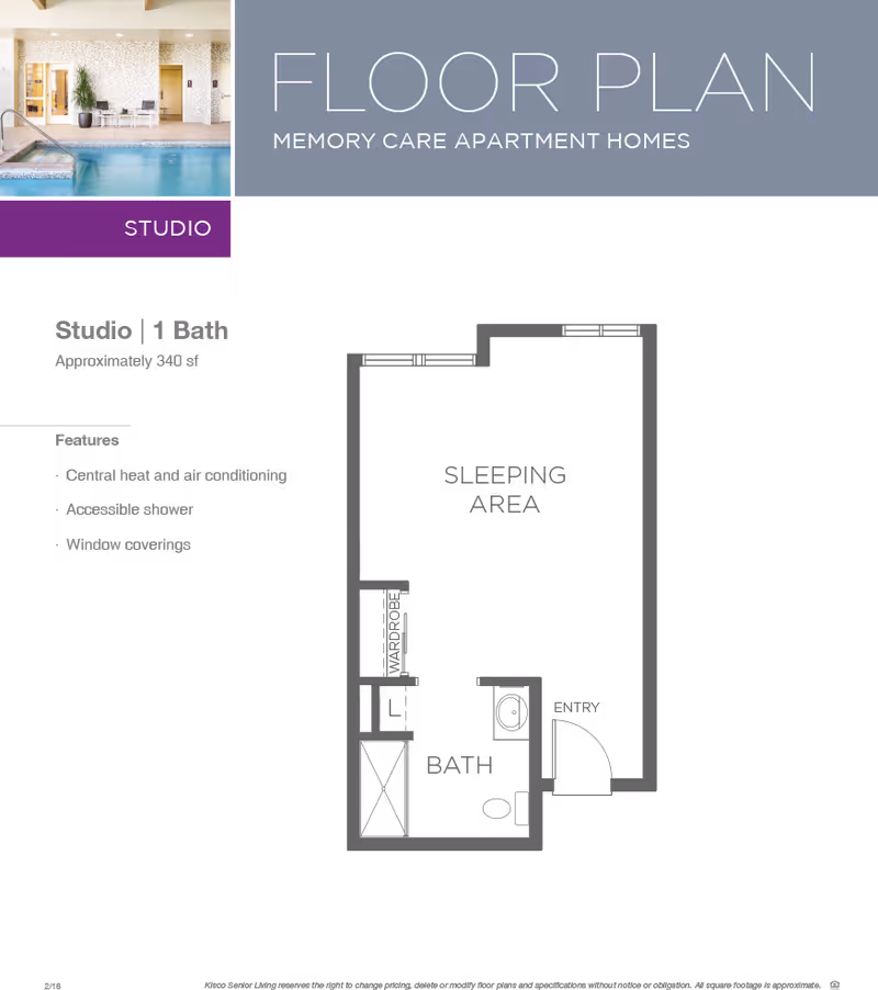 Promotional floor-plan graphic titled 'FLOOR PLAN — MEMORY CARE APARTMENT HOMES' showing a 'Studio | 1 Bath' listing with features and a small indoor pool photo.