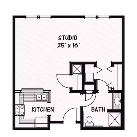Architectural floor plan of a studio apartment measuring 25 feet by 16 feet, featuring a kitchen area with a stove and sink, and a bathroom with a toilet and sink.