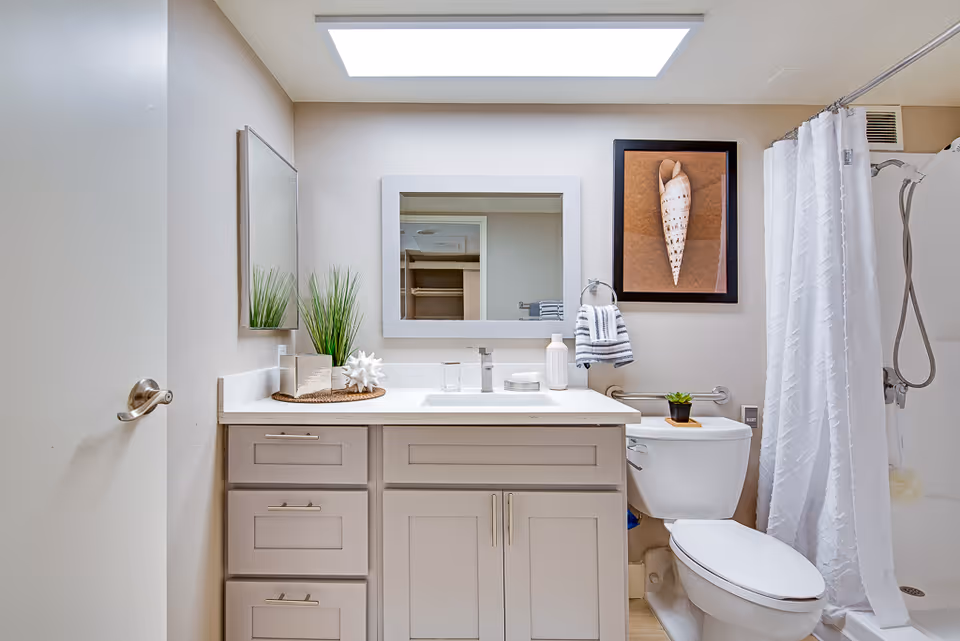 Bright modern bathroom with a vanity and sink, mirror, toilet, and shower with a white curtain and decorative accents.