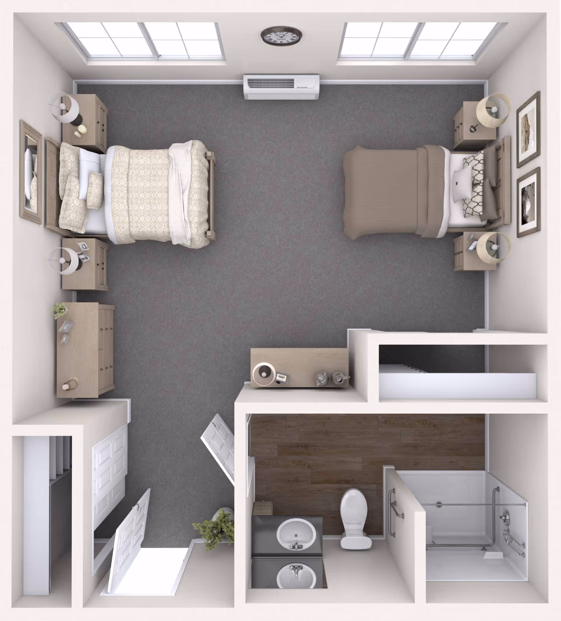 Top-down view of a room layout with two beds, each with nightstands and lamps. The room has two large windows, a clock on the wall, and a dresser. Attached is a bathroom with a toilet, sink, and shower with grab bars.