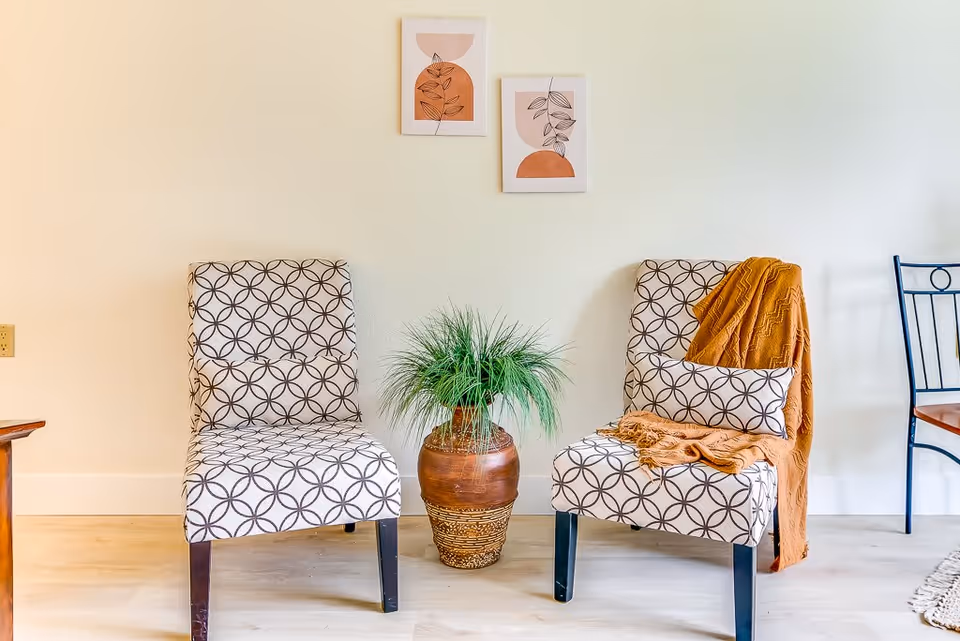 Two patterned chairs with circular designs are placed side by side against a light-colored wall. A brown ceramic pot with green grass-like plants sits between the chairs. One chair has a matching patterned pillow and an orange throw blanket draped over it. Above the chairs, two framed abstract art pieces with orange and beige tones hang on the wall. A metal chair with a wooden seat is partially visible on the right side.