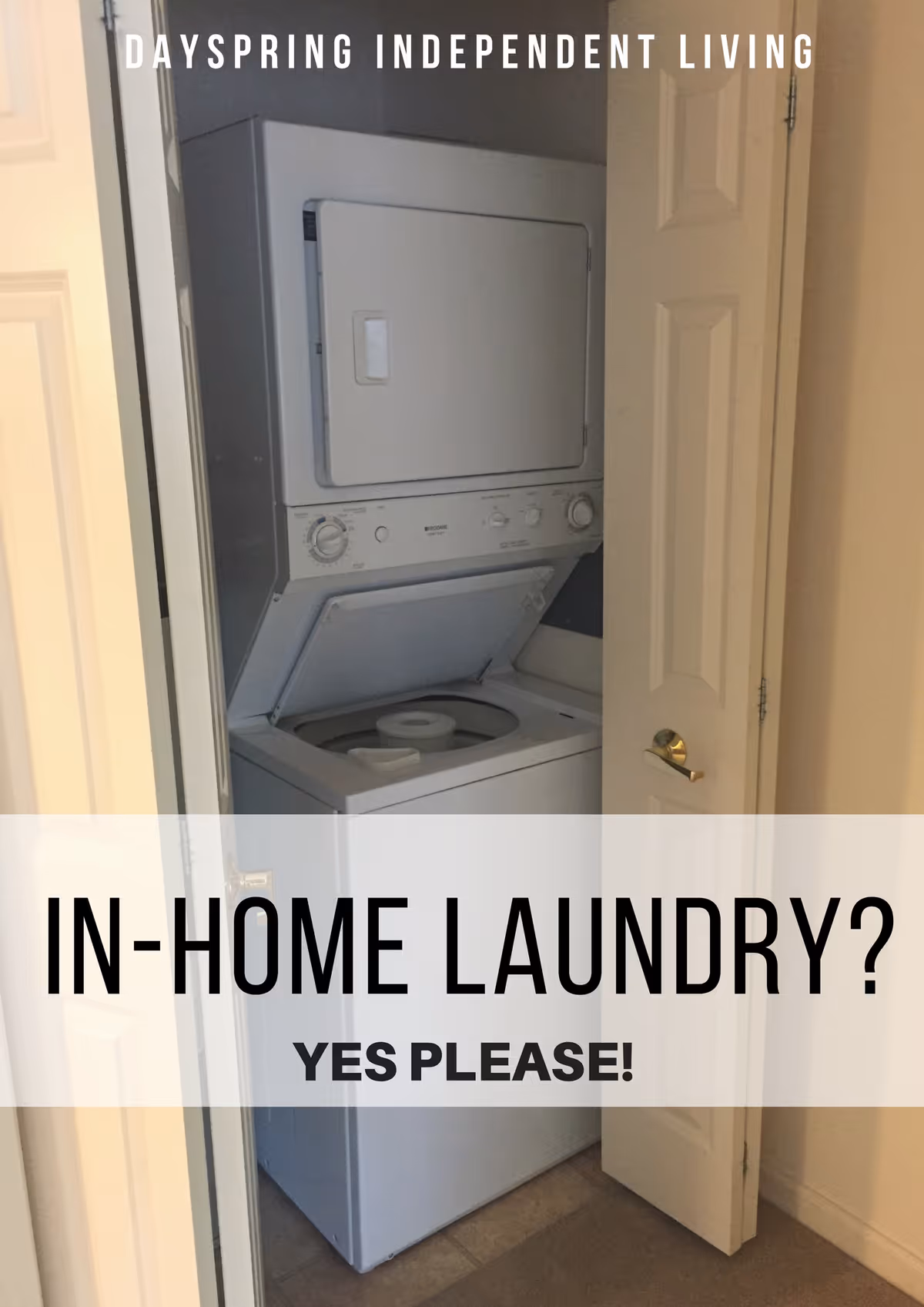 A stacked washer-dryer unit sits inside a small closet with bi-fold doors and a promotional text overlay.