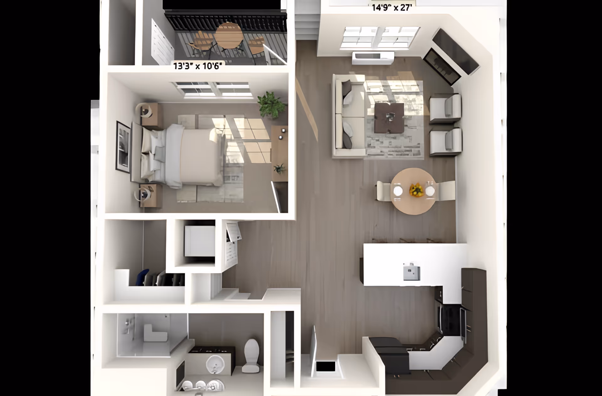 Top-down view of a one-bedroom apartment floor plan featuring a bedroom with a bed and nightstands, a bathroom with a shower and toilet, a kitchen with appliances and cabinets, a dining area with a round table and chairs, a living room with a sofa, two chairs, a coffee table, and a fireplace, and a balcony with outdoor seating.