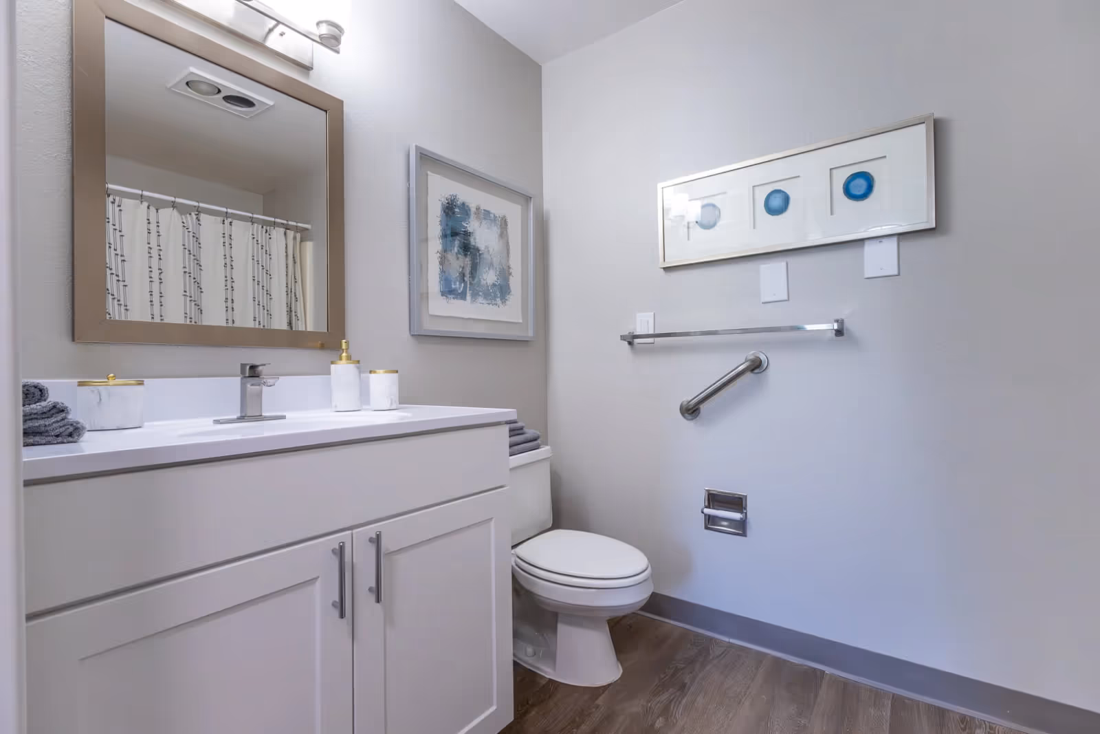 Clean modern bathroom with a white vanity and mirror, toilet, grab bar, and framed artwork on the wall.