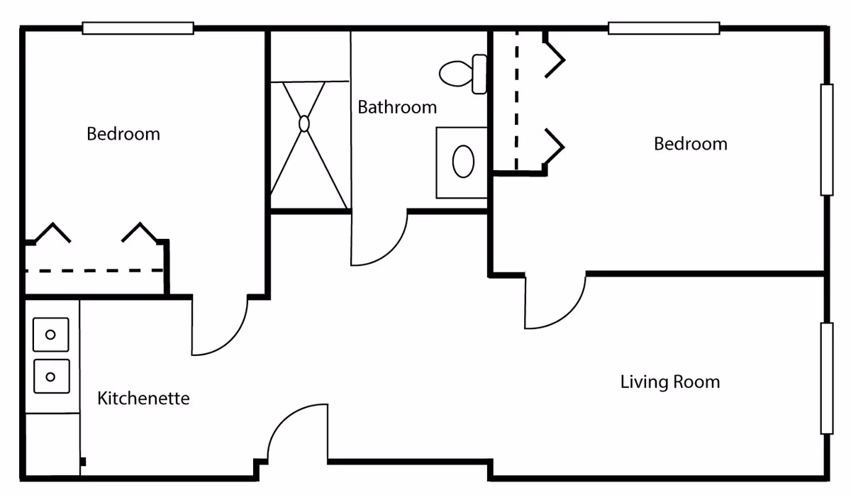 Floor plan of a living space at Avamere at South Hill showing two bedrooms, a bathroom, a kitchenette, and a living room. The layout includes labeled rooms and basic fixtures such as a sink in the kitchenette and bathroom fixtures.