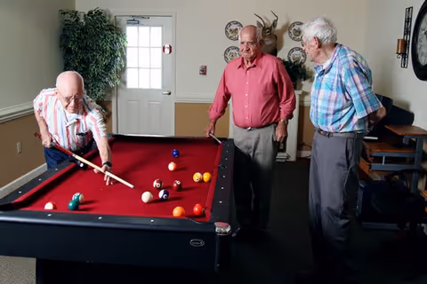 Three elderly men playing pool on a red felt pool table in a well-lit room with beige walls. One man is taking a shot while the other two watch. The room has a door with a window, a large potted plant, decorative plates on the wall, and a mounted deer head.