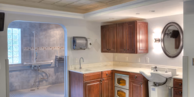 Interior view of a healthcare facility bathroom and adjacent area with wooden cabinets, a countertop, a small sink, a wall-mounted paper towel dispenser, and a large walk-in shower with grab bars and a handheld showerhead.