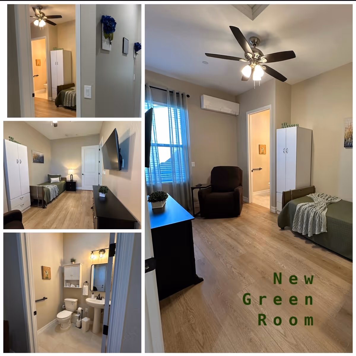 Collage of images showing a senior living facility room named 'New Green Room' with a single bed covered with a green blanket and a light gray throw, a white wardrobe, a brown recliner chair, a wall-mounted TV, a small side table with a plant, and a ceiling fan with lights. One image shows a bathroom with a toilet, pedestal sink, mirror, and wall cabinet.