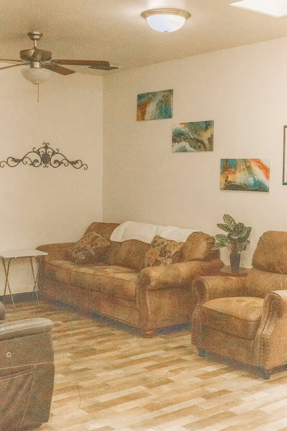A cozy living room with a brown sofa and matching armchair, decorated with patterned cushions and a white throw. The walls are adorned with three abstract paintings and a decorative metal wall hanging. A small side table with a potted plant is placed next to the armchair. The room has wooden flooring and a ceiling fan with a light fixture.