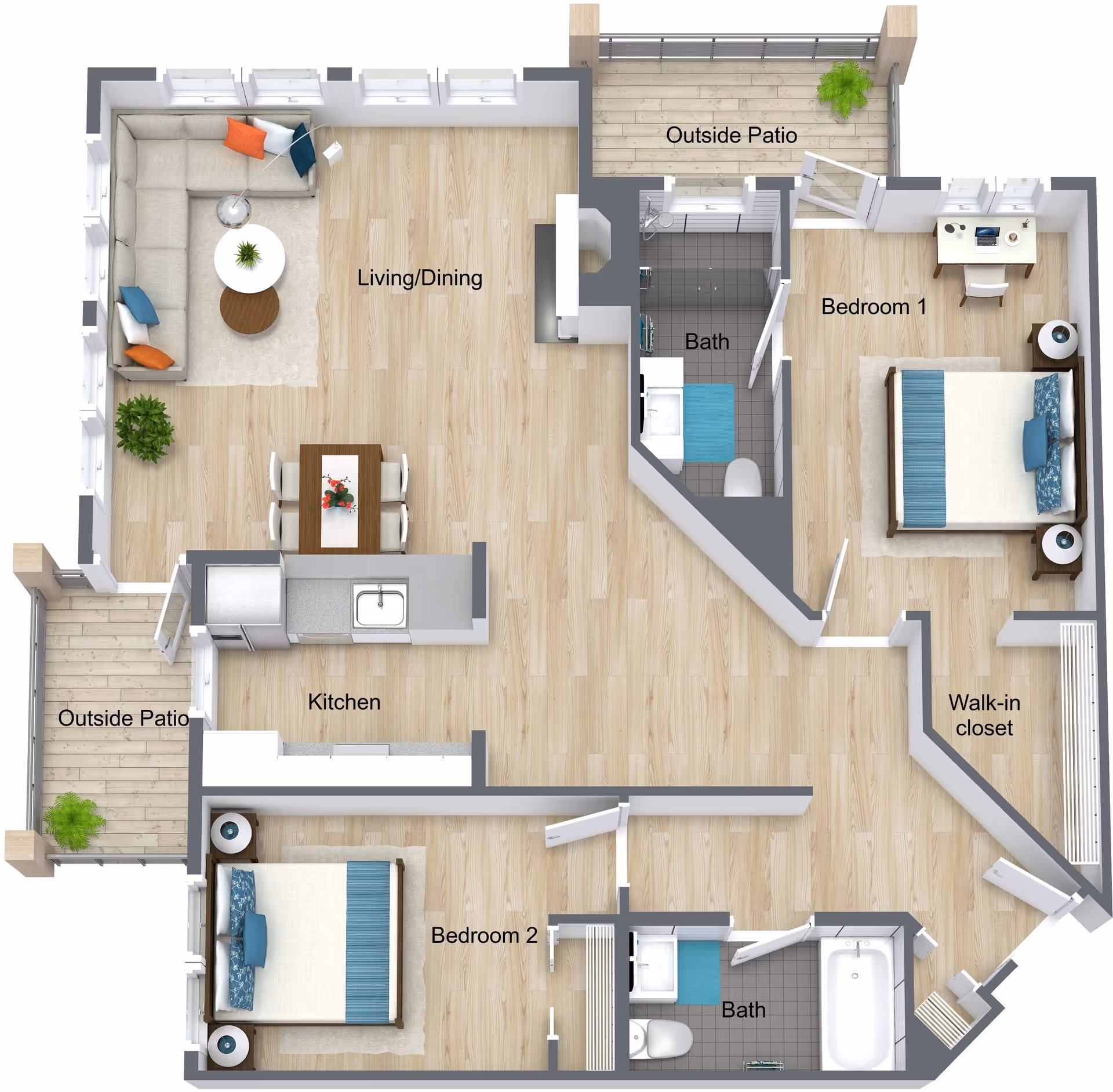 3D floor plan of a residential unit at Pioneer Village showing two bedrooms, two bathrooms, a kitchen, a combined living and dining area, two outside patios, and a walk-in closet.