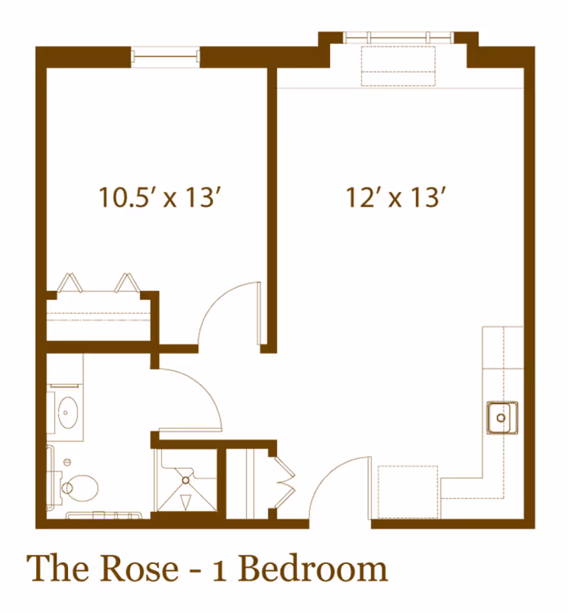 Floor plan layout of a one-bedroom unit named The Rose at Garden Place Waterloo, showing a bedroom measuring 10.5 by 13 feet, a living area measuring 12 by 13 feet, a bathroom, and a kitchen area.