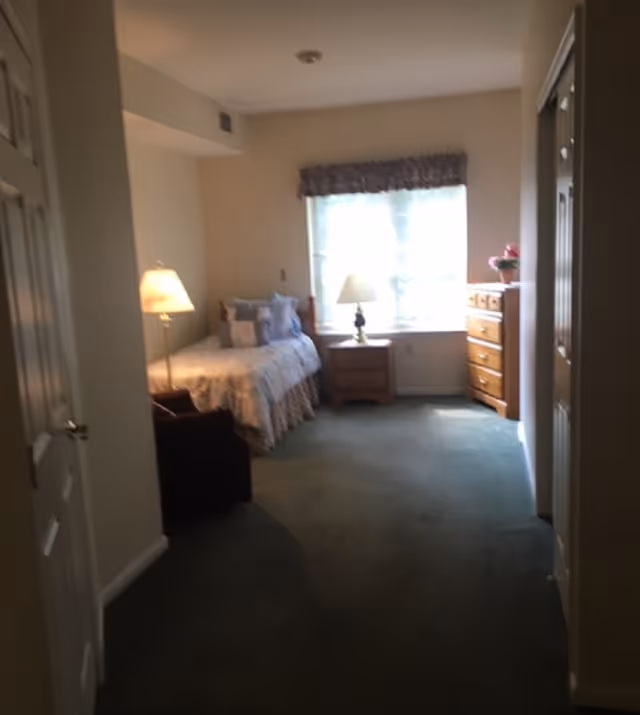 A bedroom with a single bed covered in a floral bedspread and multiple pillows. There is a wooden nightstand with a lamp next to the bed, a wooden dresser with a small plant on top, and a window with blinds and a valance letting in natural light. The room has carpeted flooring and neutral-colored walls.