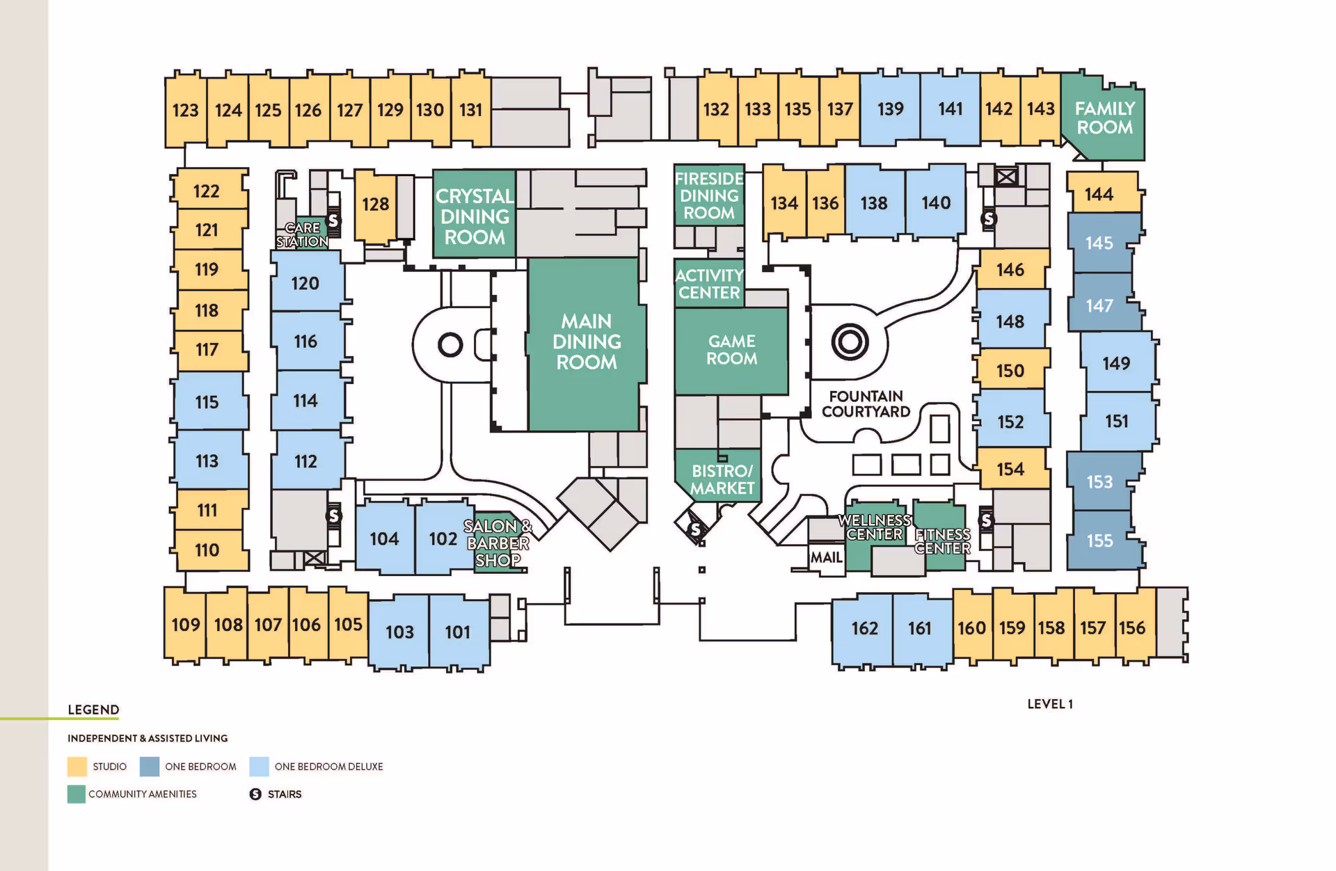 Floor plan of Atria Seville senior living facility showing layout of rooms including studios, one bedroom, and one bedroom deluxe apartments, as well as community amenities such as main dining room, crystal dining room, fireside dining room, activity center, game room, bistro/market, wellness center, fitness center, salon and barber shop, family room, care station, and fountain courtyard. Stairs are also marked.