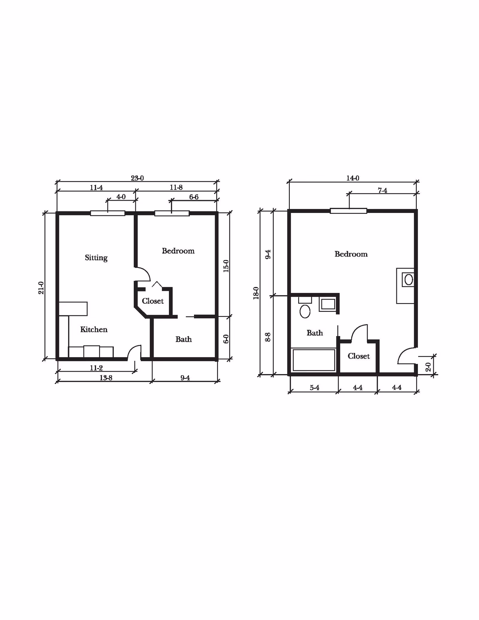 Architectural floor plan showing two apartment layouts. The left layout includes a sitting area, kitchen, bedroom, closet, and bathroom with dimensions. The right layout includes a bedroom, closet, bathroom, and additional space with dimensions.