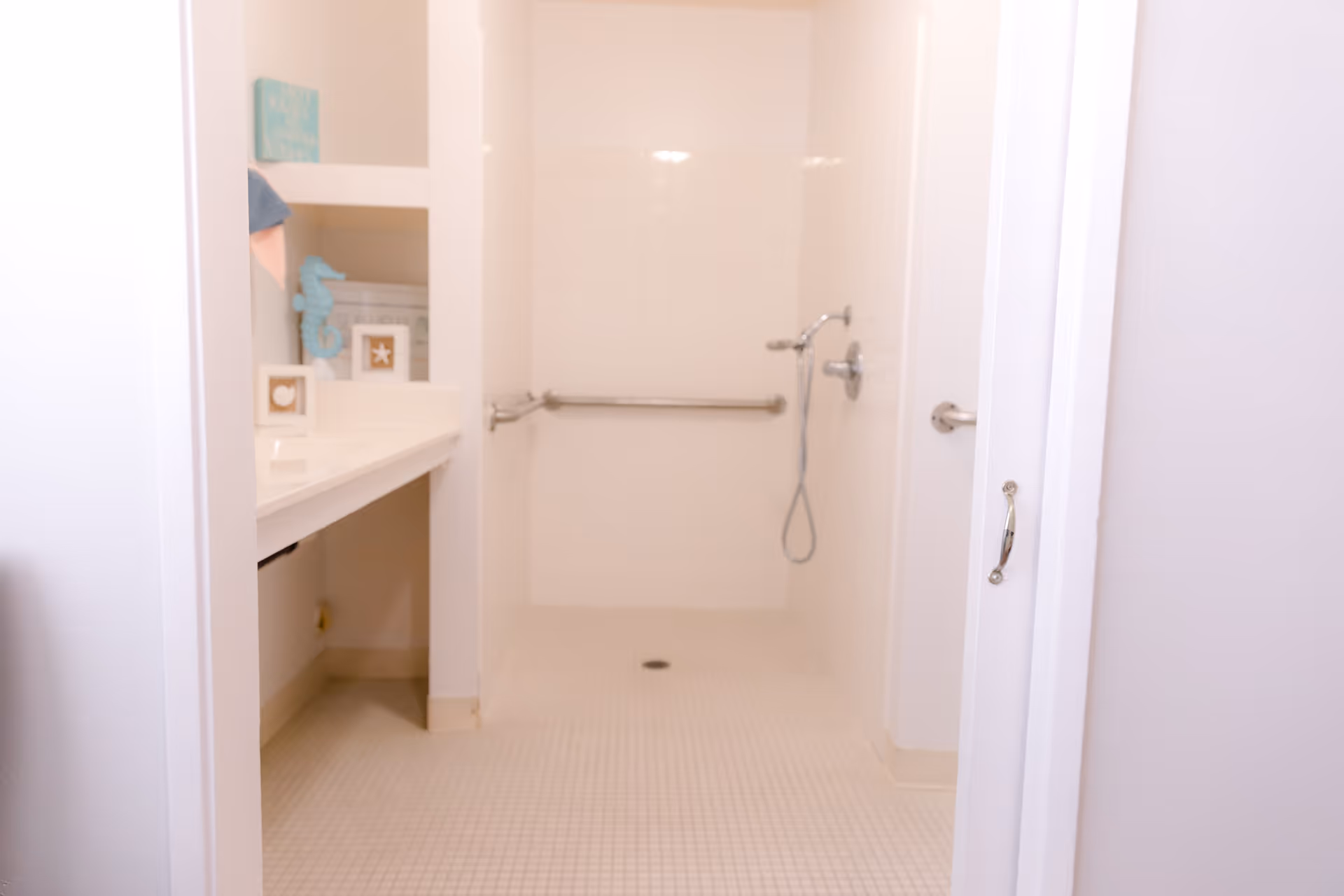 A clean, accessible shower area with white tiled walls and floor, equipped with a handheld showerhead and grab bars on the walls. To the left, there is a countertop with decorative items including a blue seahorse and framed pictures.