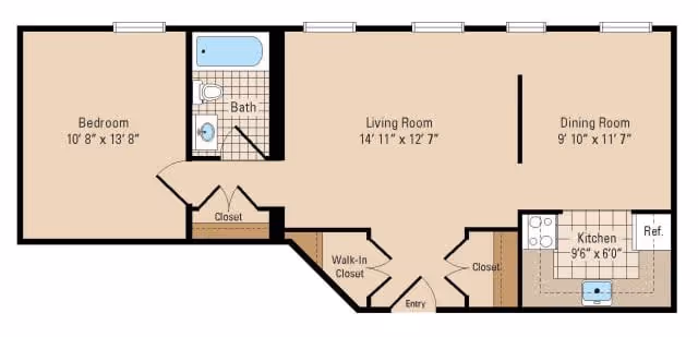 Floor plan of a one-bedroom apartment at Vernon House showing a bedroom, bathroom, living room, dining room, kitchen, closets, and entry area with dimensions labeled.