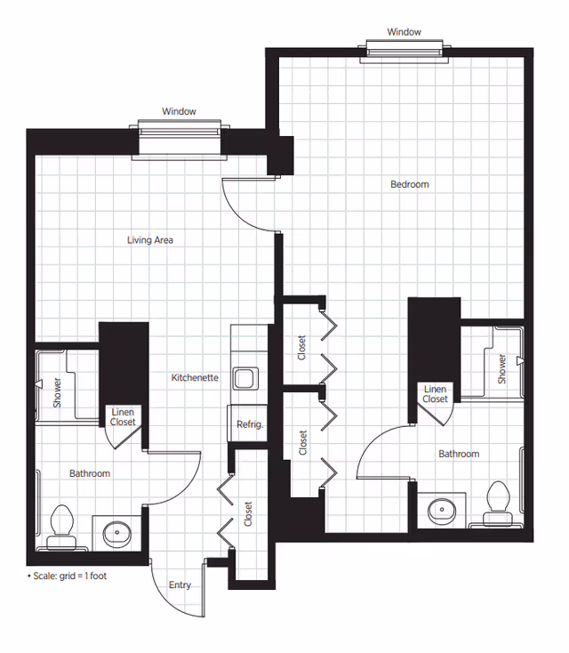 Architectural floor plan of a senior living unit at Belmont Village Senior Living Hollywood Hills showing a bedroom, living area, kitchenette, two bathrooms with showers, closets, linen closets, and entry. The plan includes windows in the living area and bedroom, with a scale grid indicating 1 foot per square.