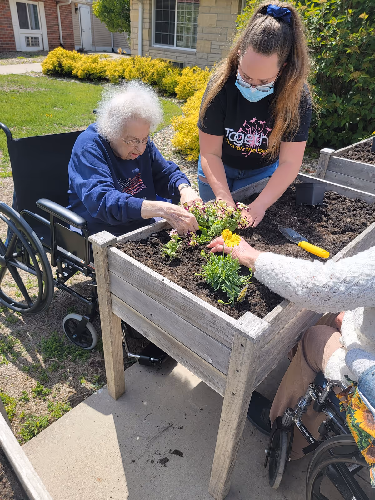 An elderly woman in a wheelchair and two other people, one wearing a mask, are planting flowers in a raised garden bed outdoors on a sunny day. The setting appears to be a garden area outside a building with green grass and yellow bushes in the background.