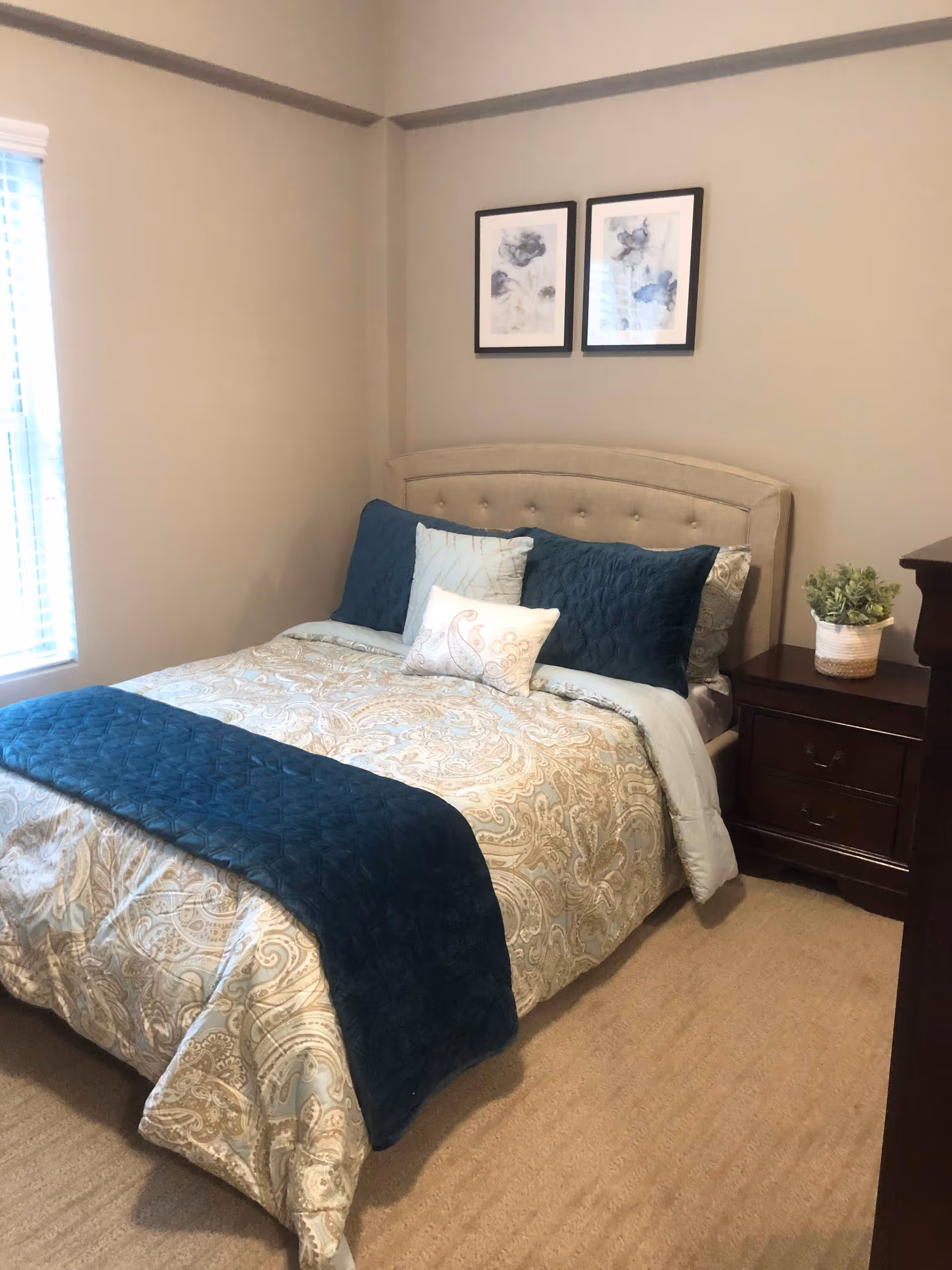 Small bedroom with a neatly made bed featuring teal and paisley bedding, a tufted headboard, two framed prints above, and a nightstand with a plant.