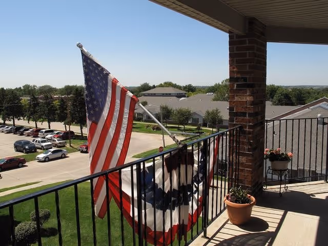 View from a balcony with a black metal railing decorated with an American flag and a red, white, and blue bunting. There are two potted plants on the balcony floor, a brick pillar, and a parking lot with cars and trees in the background under a clear blue sky.
