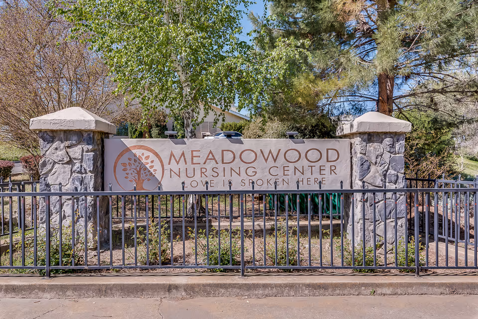 Stone entrance sign that reads 'Meadowood Nursing Center' mounted between stone pillars with trees and a metal fence in front.