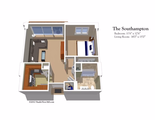 3D floor plan of an apartment named The Southampton showing a bedroom with a bed and nightstand, a living room with a sectional sofa and coffee table, a kitchen with appliances, and a bathroom with a shower, sink, and toilet.