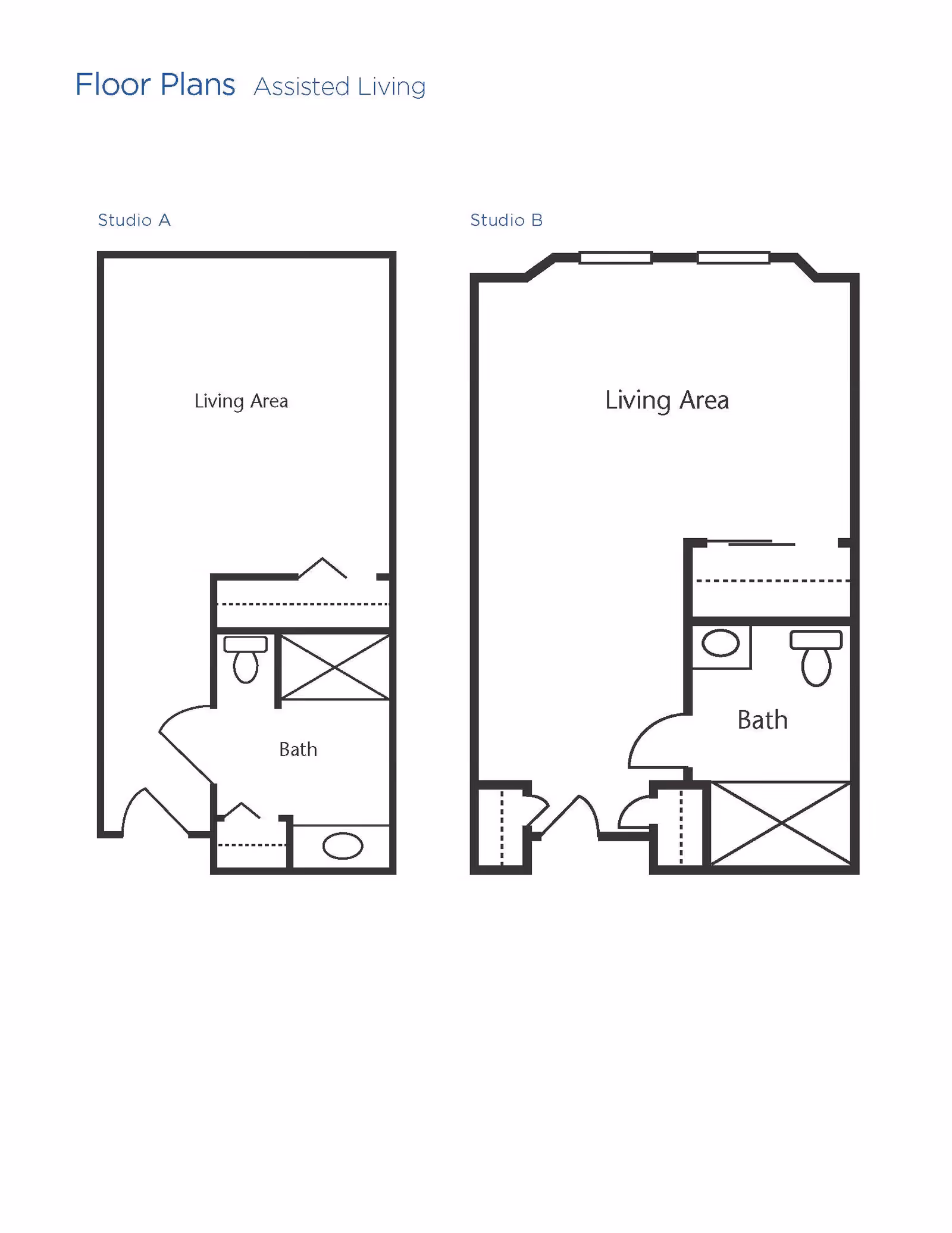 Floor plans for two assisted living studio apartments labeled Studio A and Studio B. Both include a living area and a bathroom. Studio A has a rectangular layout with the bathroom near the entrance. Studio B has a more irregular shape with the bathroom also near the entrance and additional closet space.