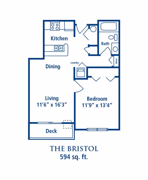 Floor plan of The Bristol apartment at ProHealth Regency Senior Communities New Berlin, showing a 594 square feet layout with a kitchen, dining area, living room, bedroom, bathroom, laundry, linen closet, and a deck.