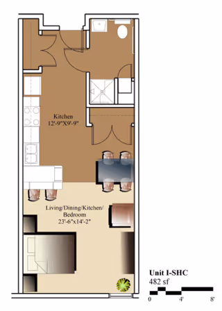 Floor plan of a studio apartment unit labeled Unit I-SHC with a total area of 482 square feet. The layout includes a combined living, dining, kitchen, and bedroom area measuring 23 feet 6 inches by 14 feet 2 inches, a kitchen area measuring 12 feet 9 inches by 9 feet 9 inches, and a bathroom with a shower, toilet, and sink. The plan shows furniture placement including a bed, dining table with chairs, and kitchen appliances.