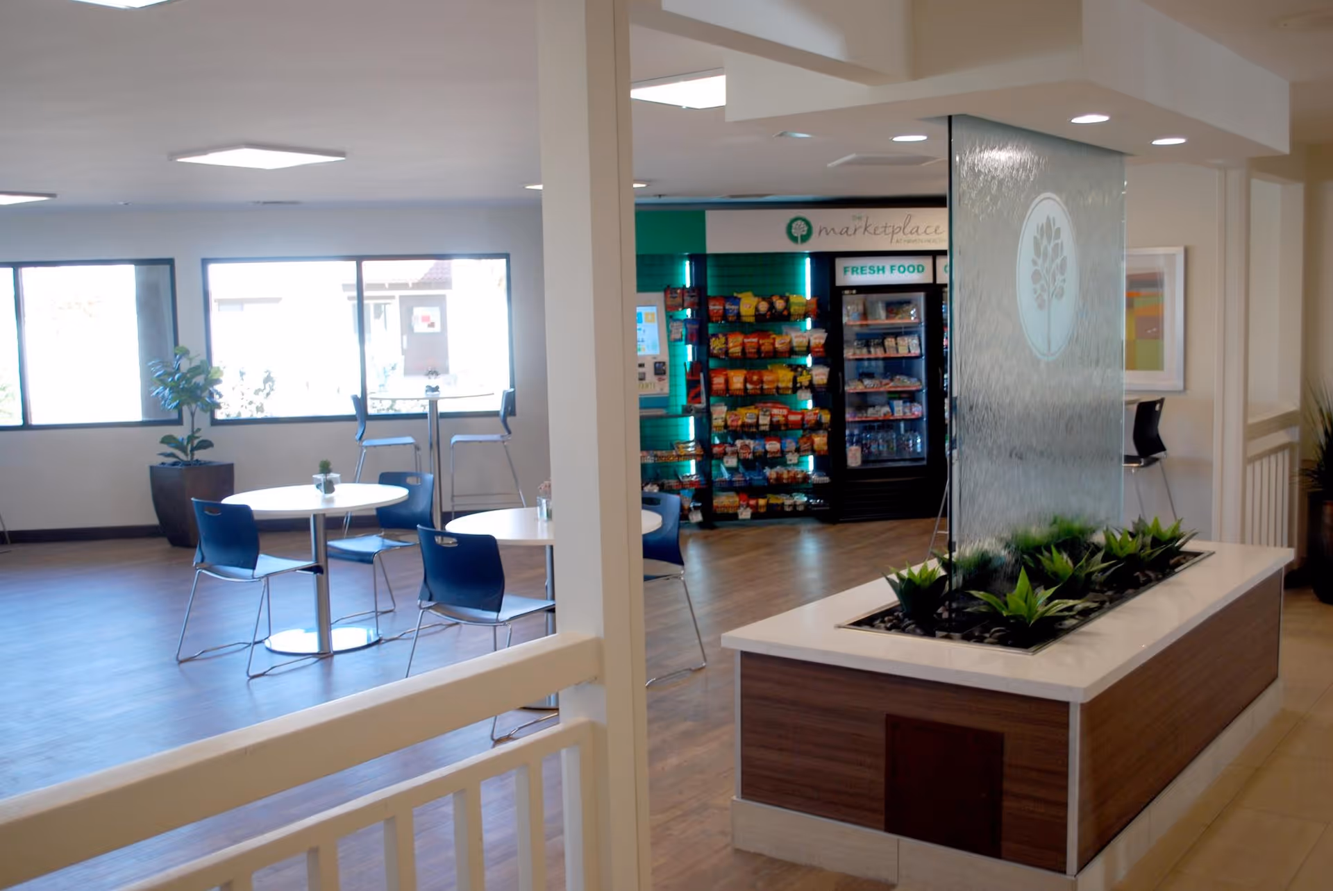 Bright communal dining area with round tables and chairs, a snack marketplace and a decorative indoor water panel with plants.