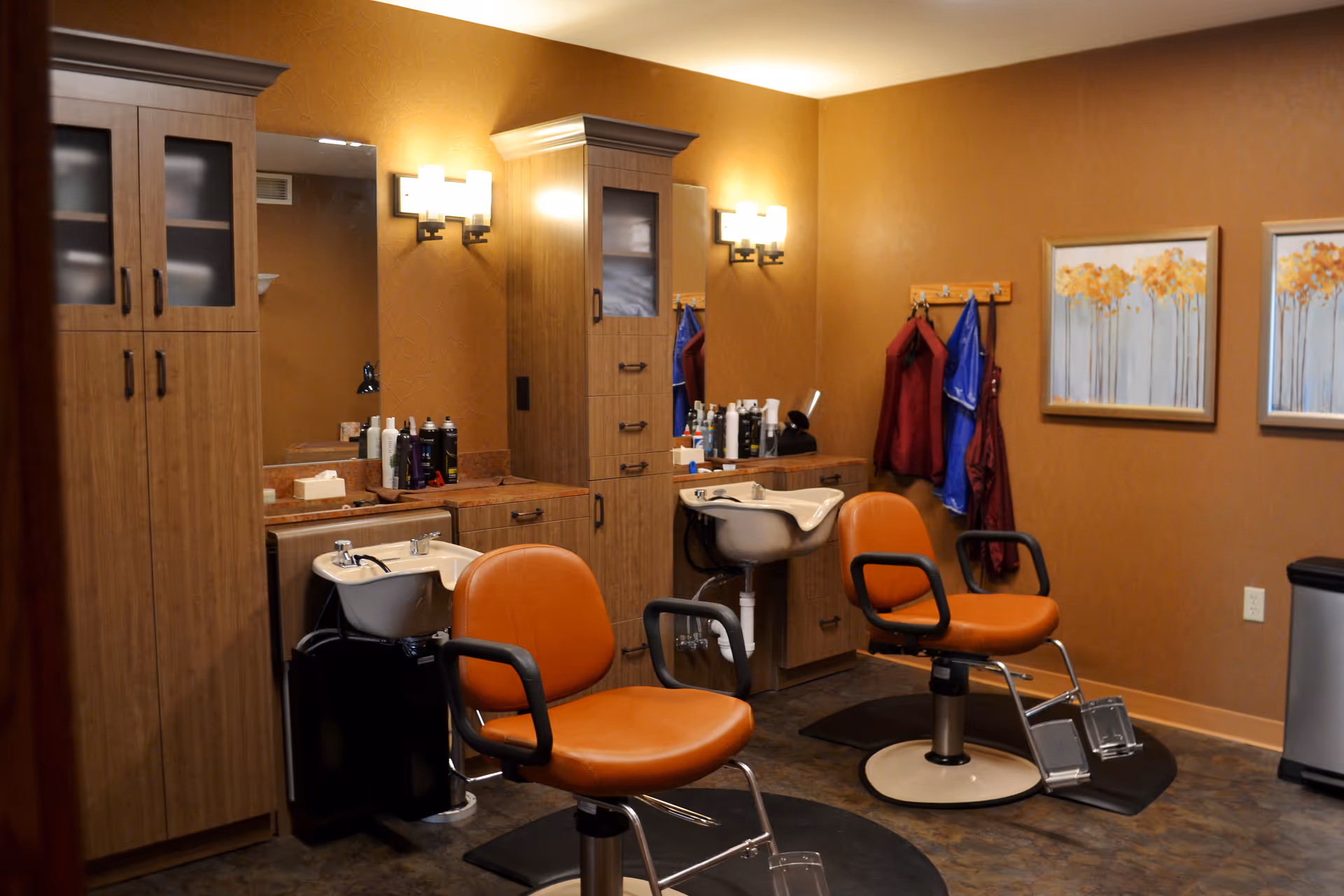 Interior of a hair salon area with two orange salon chairs in front of two hair washing sinks. The room has wooden cabinets, mirrors, wall-mounted lights, and two framed paintings of trees with yellow leaves on the wall. Several hair care products are placed on the counters.