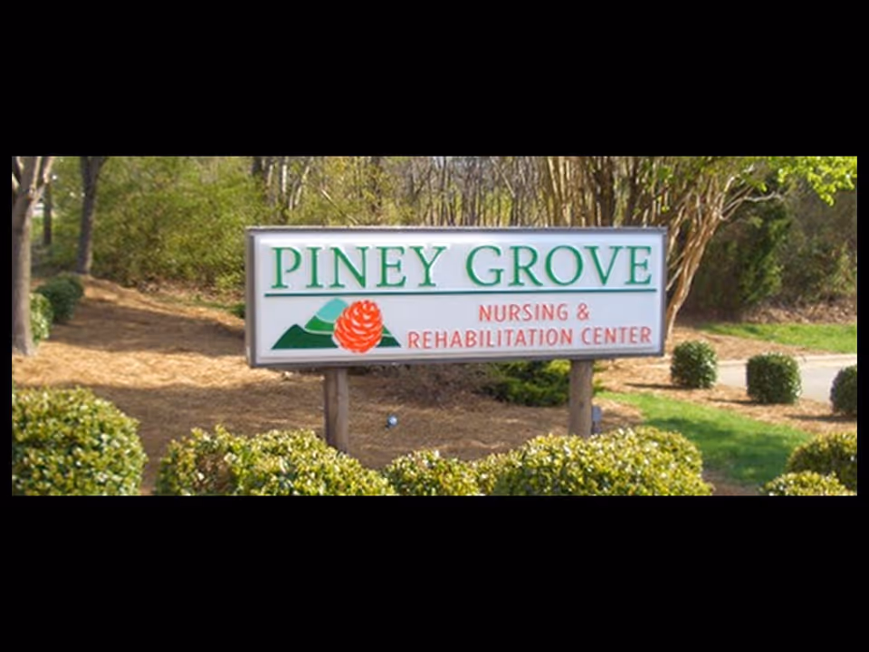 Outdoor sign for Piney Grove Nursing and Rehabilitation Center surrounded by bushes and trees.