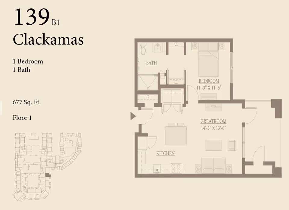 Architectural floor plan titled '139 B1 Clackamas' showing a 1-bedroom, 1-bath 677 sq ft unit with labeled kitchen, great room, and bedroom.