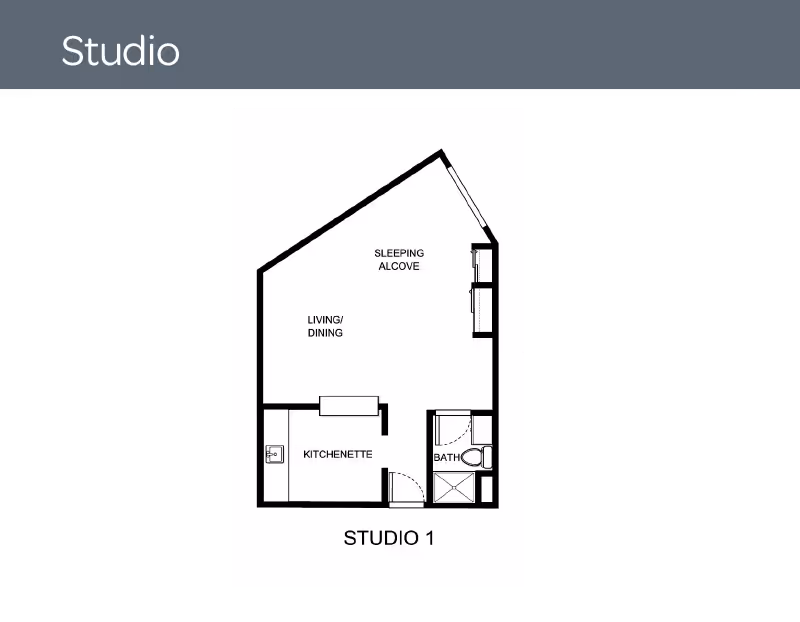 Floor plan of a studio apartment labeled Studio 1, showing a sleeping alcove, living/dining area, kitchenette, and bathroom.