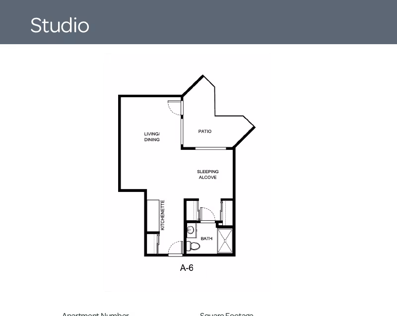 Floor plan of a studio apartment labeled A-6 showing a living/dining area, kitchenette, sleeping alcove, bathroom, and a patio.