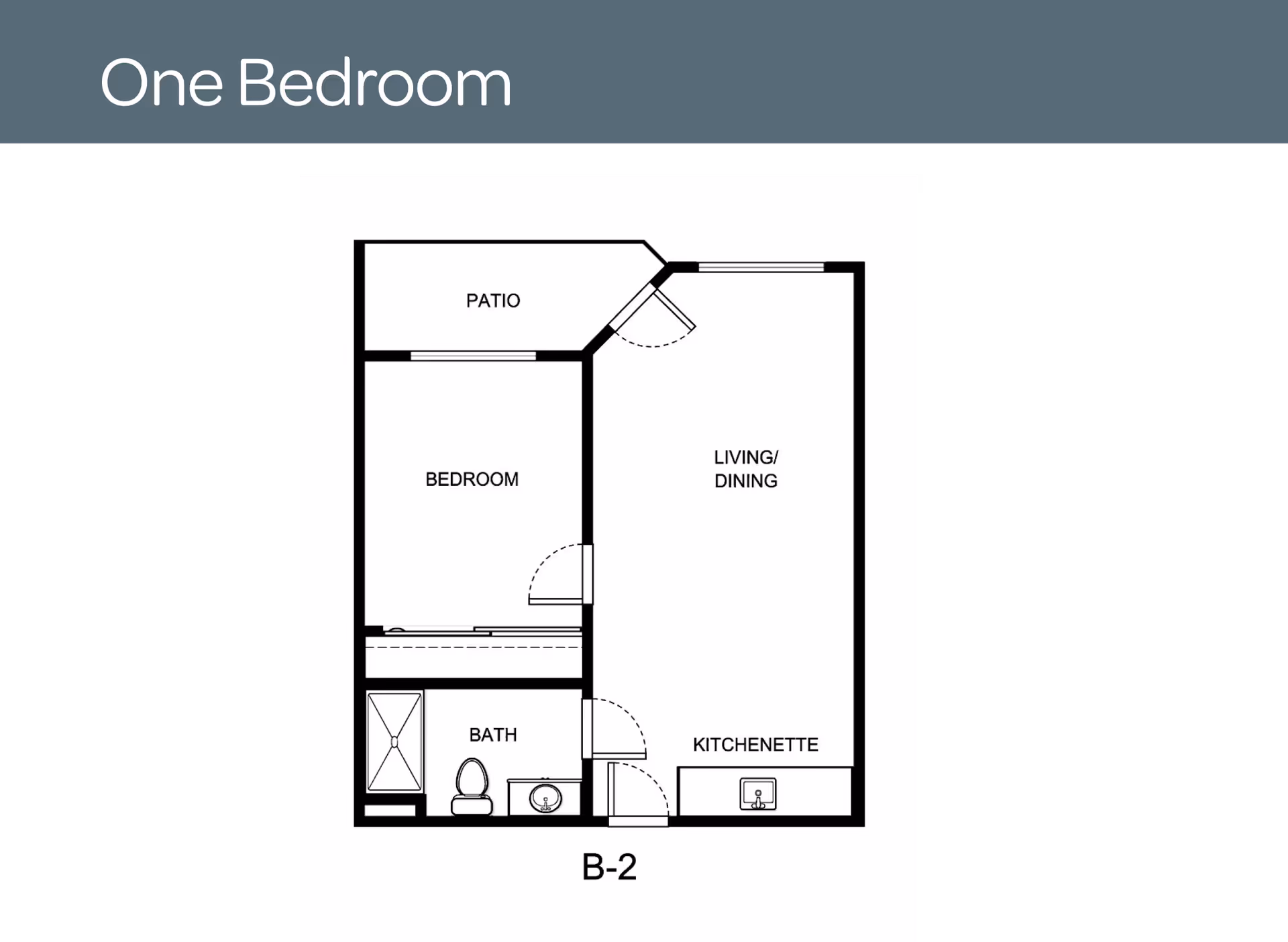 Floor plan of a one-bedroom unit labeled B-2, showing a patio, bedroom, bathroom, kitchenette, and combined living/dining area.
