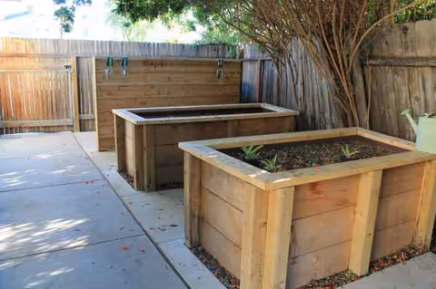 Outdoor paved patio with wooden raised planters and a tree behind a wooden fence.