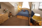 A cozy bedroom with a wooden bed frame and blue bedding, a wooden dresser with a vase of flowers, a bedside table with a lamp, a television on a stand, and framed pictures on the walls.