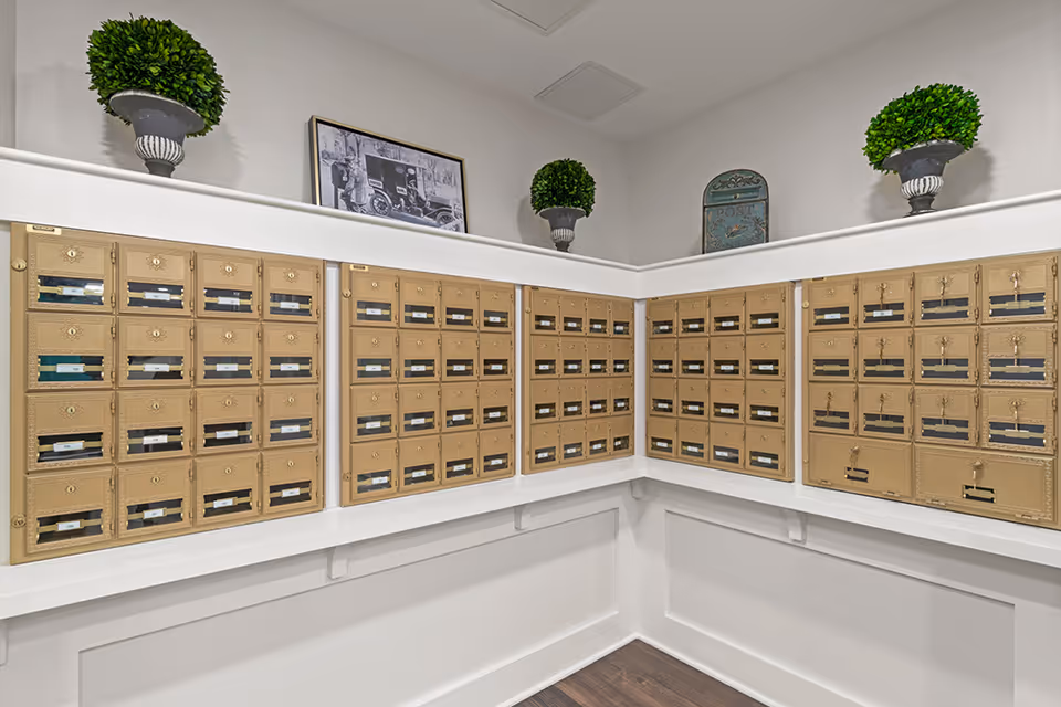 Rows of brass mailboxes mounted along a white interior corner wall with potted topiary plants and framed decor above.