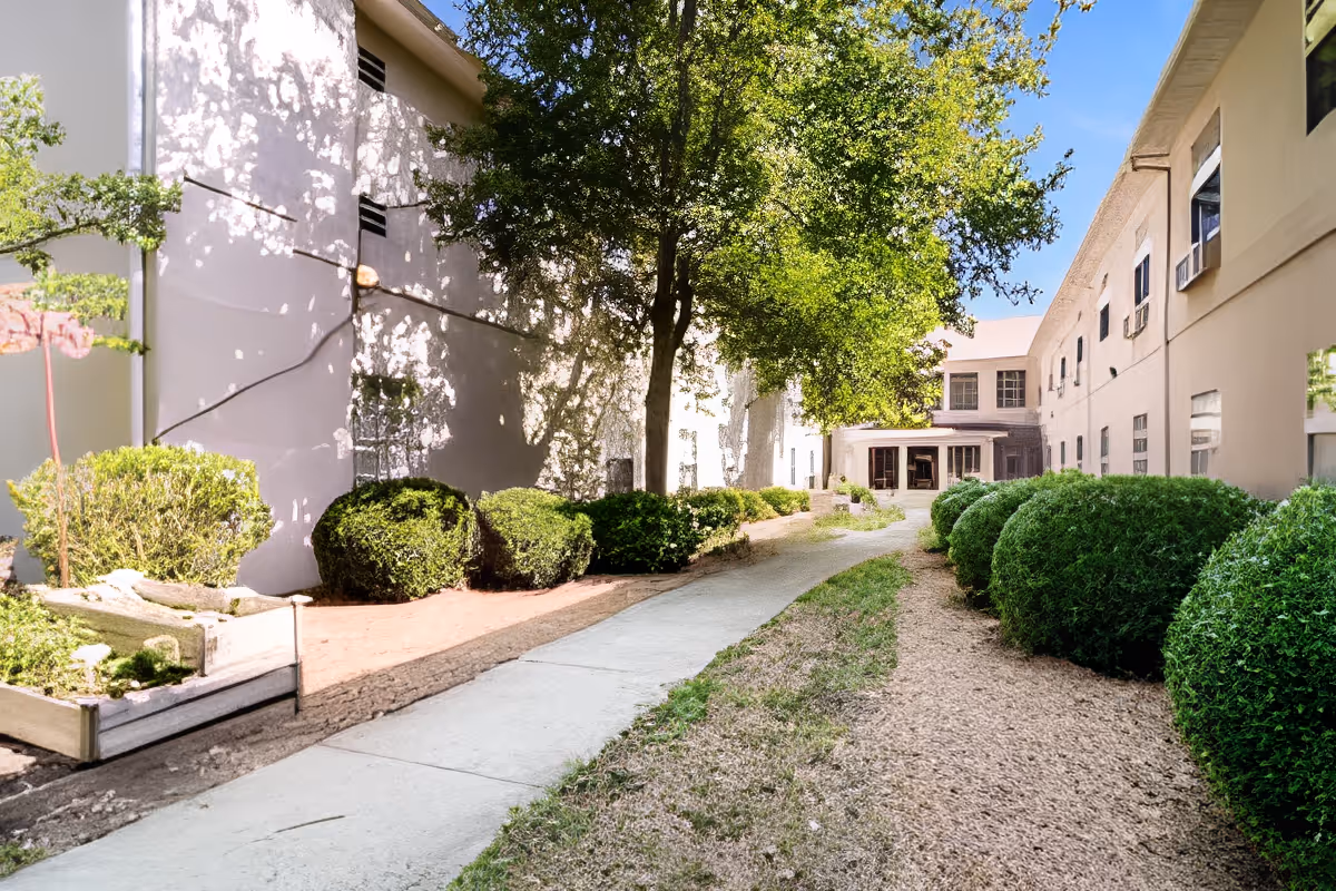 Sunlit courtyard walkway between two beige building wings lined with trimmed bushes leading to an entryway.